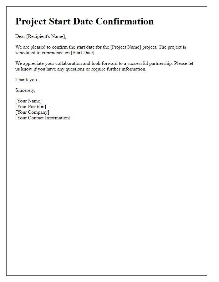 Letter template of project start date confirmation