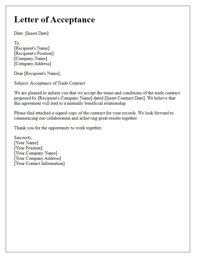 Letter template of acceptance of trade contract