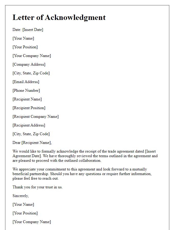 Letter template of acknowledgment for trade agreement