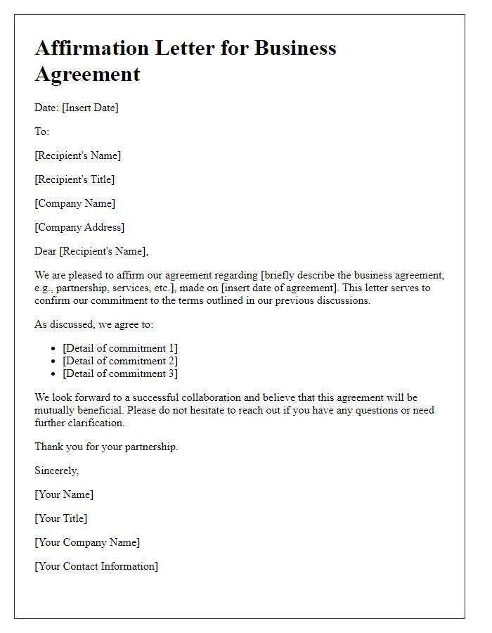 Letter template of affirmation for business agreement