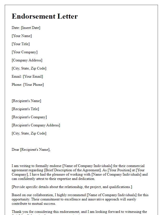 Letter template of endorsement for commercial agreement