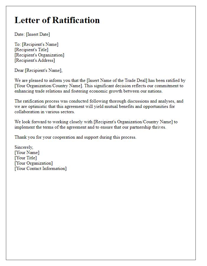 Letter template of ratification of trade deal