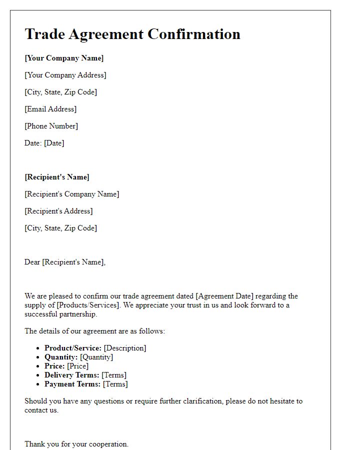 Letter template of trade agreement confirmation