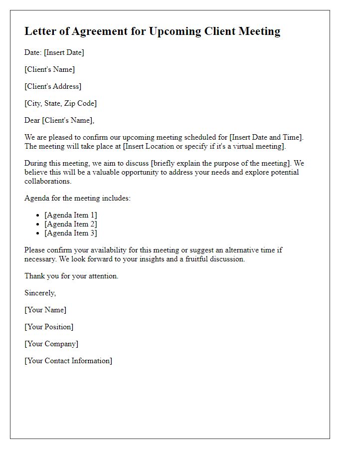 Letter template of agreement for upcoming client meeting