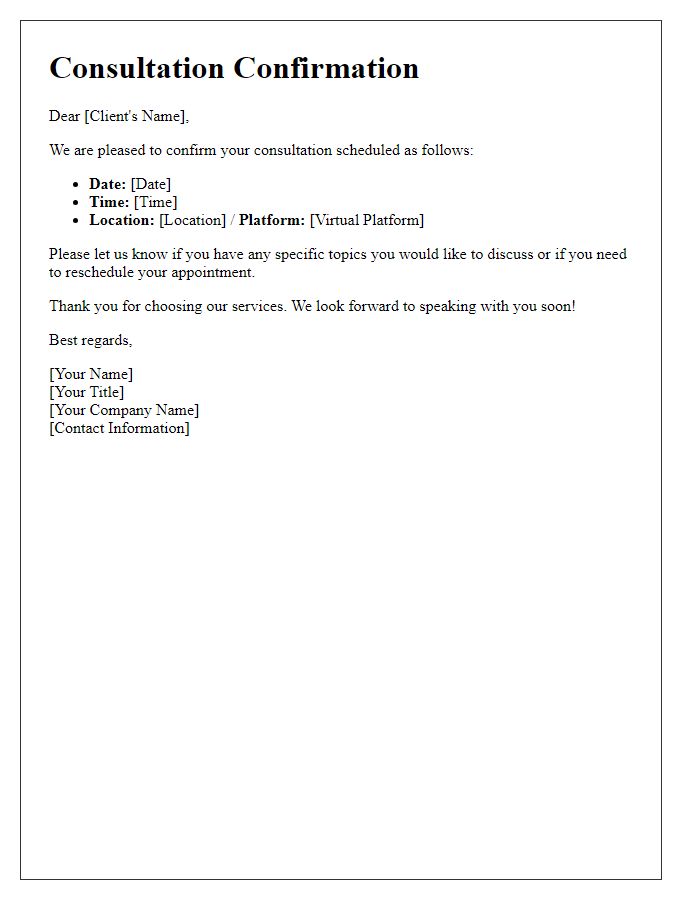 Letter template of client consultation confirmation