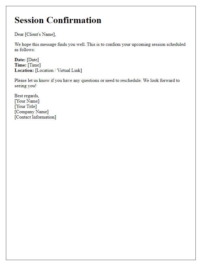 Letter template of client session confirmation