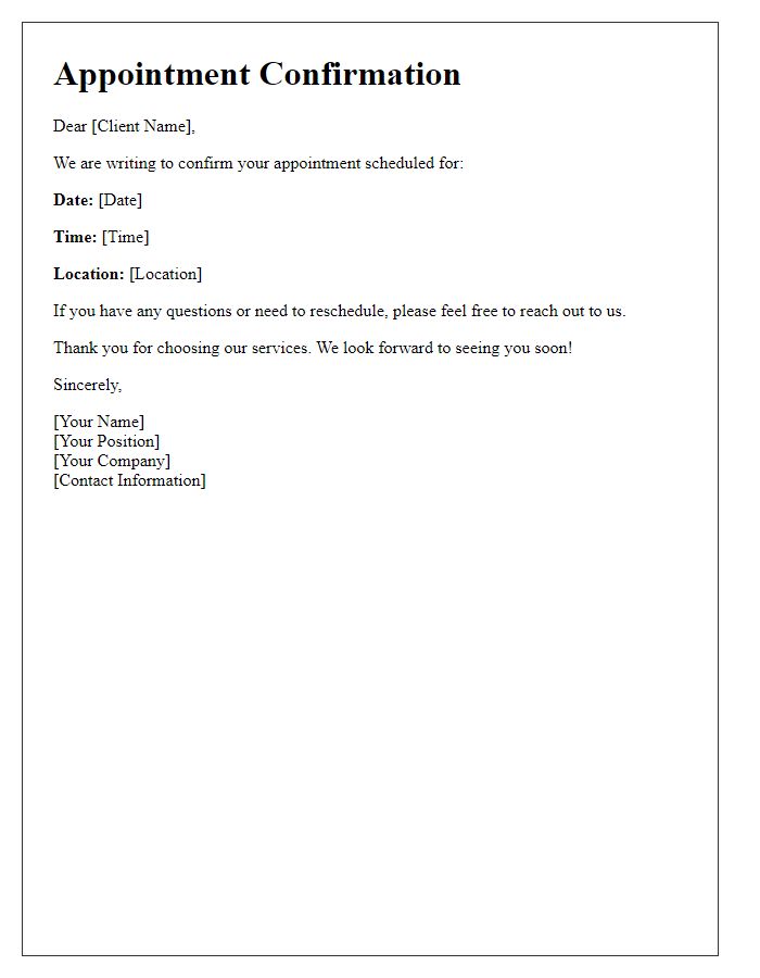 Letter template of confirmation for scheduled client appointment