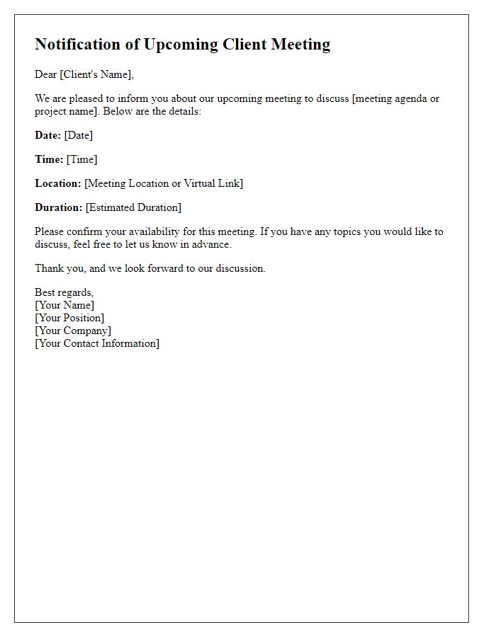 Letter template of notification for client meeting details