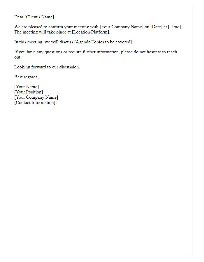 Letter template of scheduling confirmation for client meeting