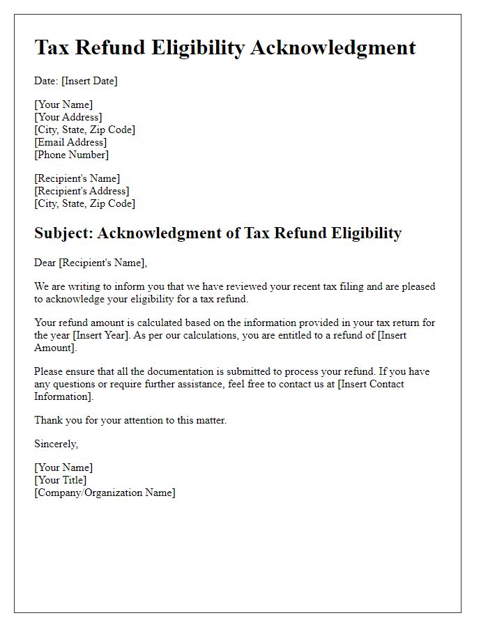 Letter template of acknowledgment of tax refund eligibility