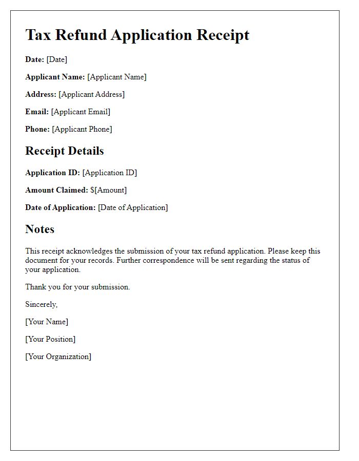 Letter template of receipt for tax refund application