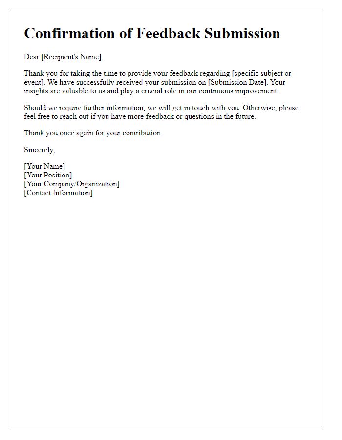 Letter template of confirmation for feedback submission.