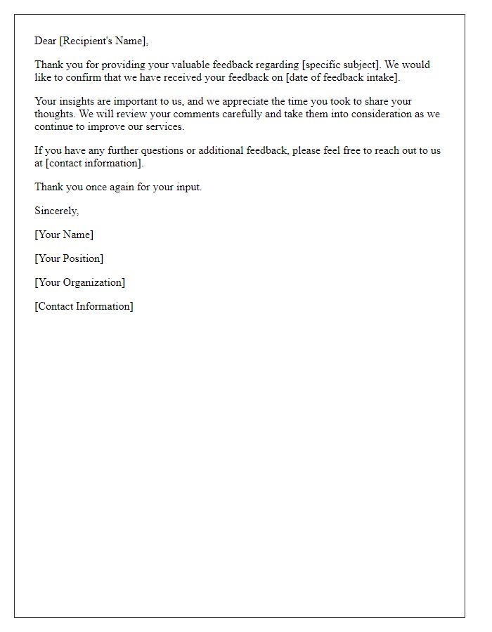 Letter template of confirmation on feedback intake.