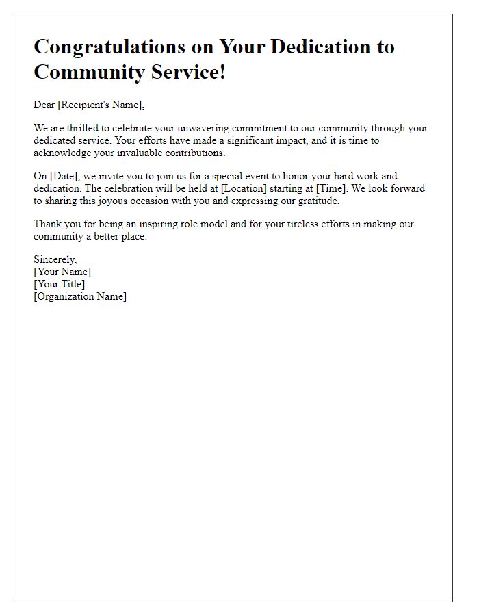 Letter template of celebration for dedicated community service