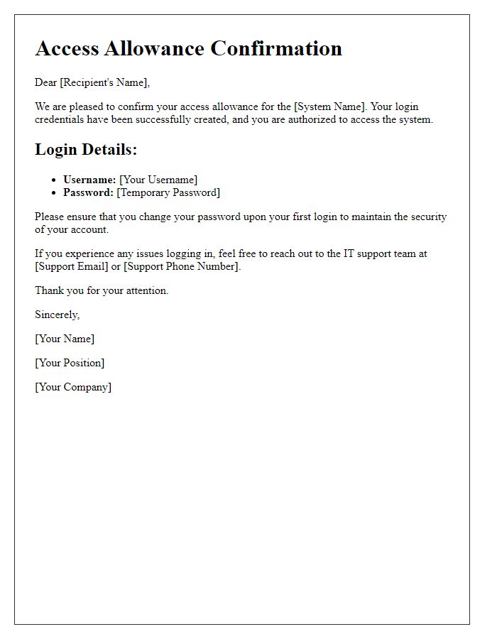 Letter template of access allowance confirmation for system login