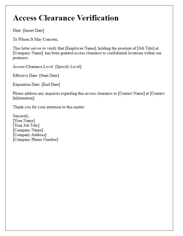 Letter template of access clearance verification for confidential locations