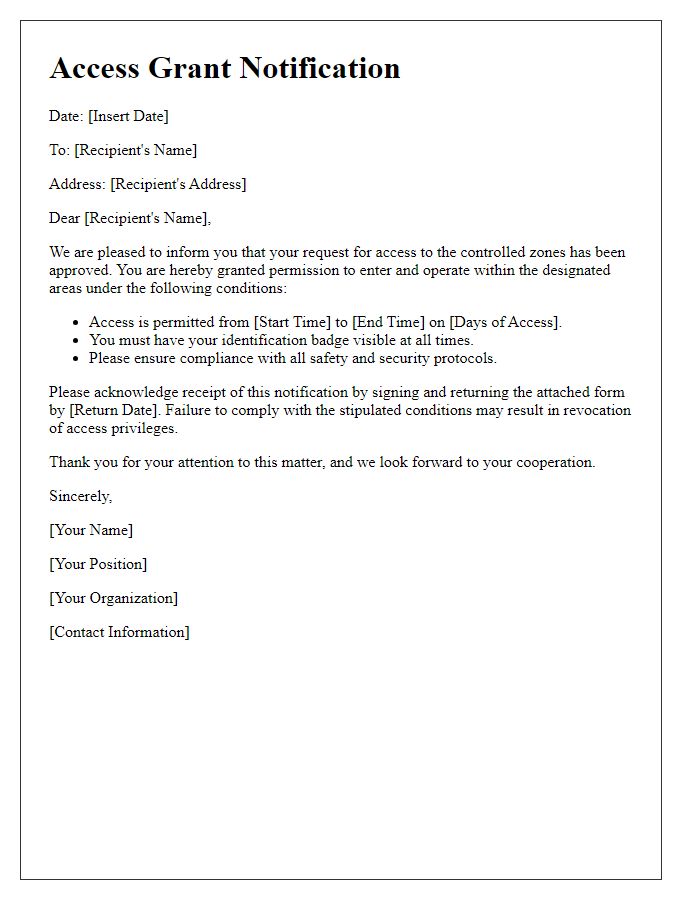 Letter template of access grant notification for controlled zones