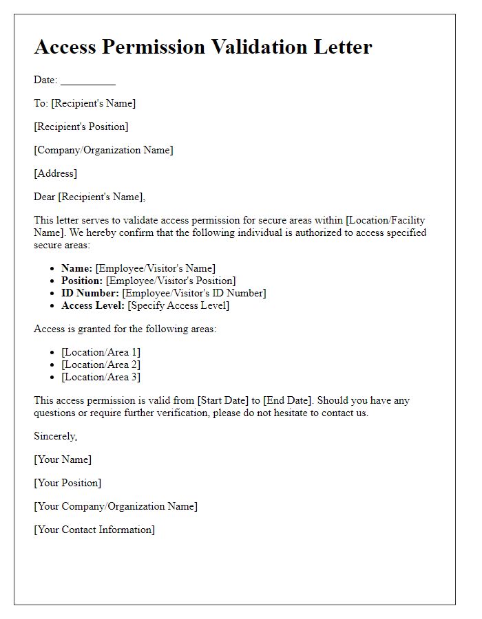 Letter template of access permission validation for secure areas