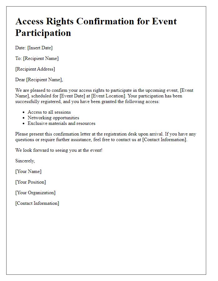 Letter template of access rights confirmation for event participation