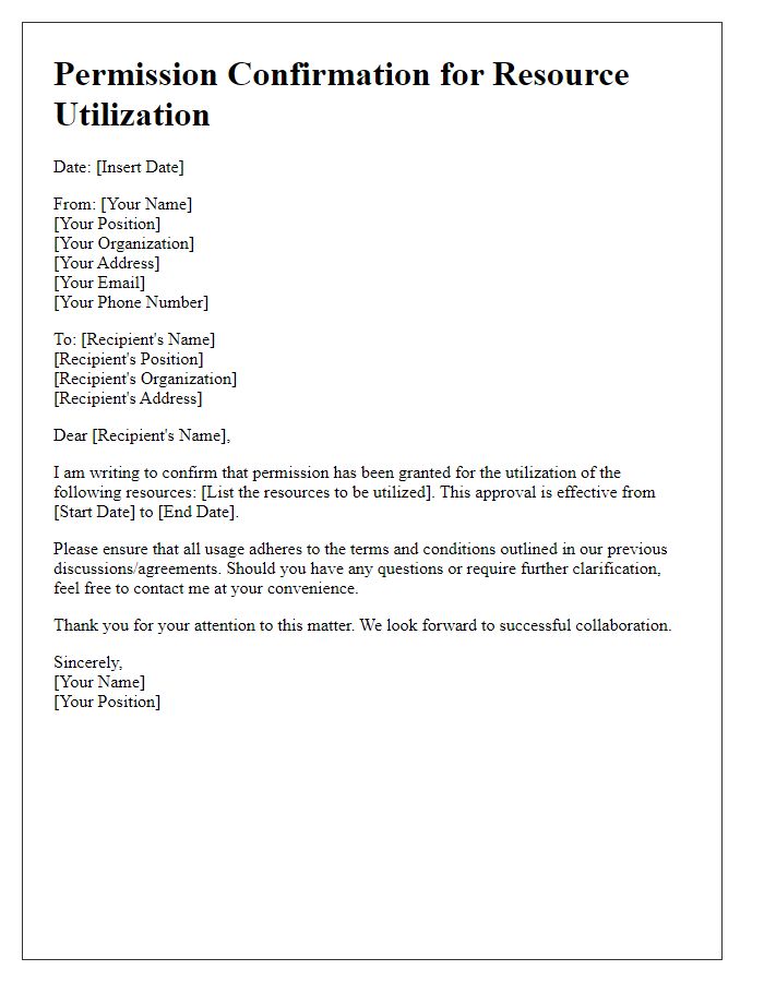 Letter template of permission confirmation for resource utilization