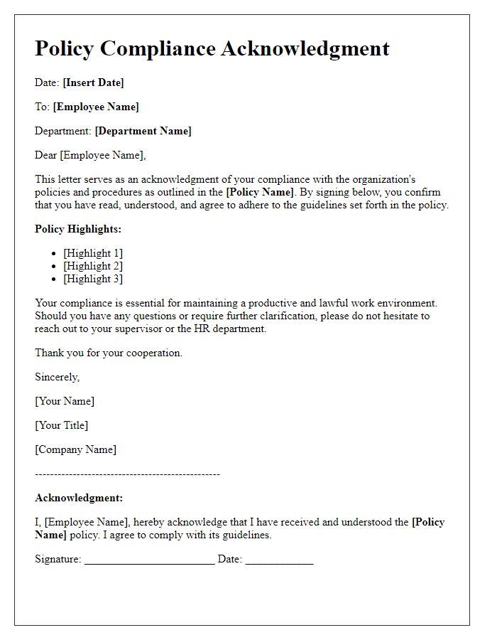 Letter template of policy compliance acknowledgment