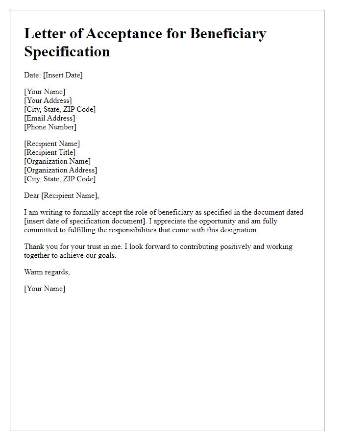 Letter template of acceptance for beneficiary specification.