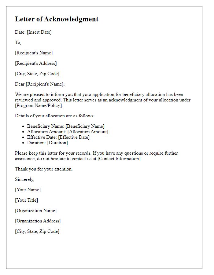 Letter template of acknowledgment for beneficiary allocation.