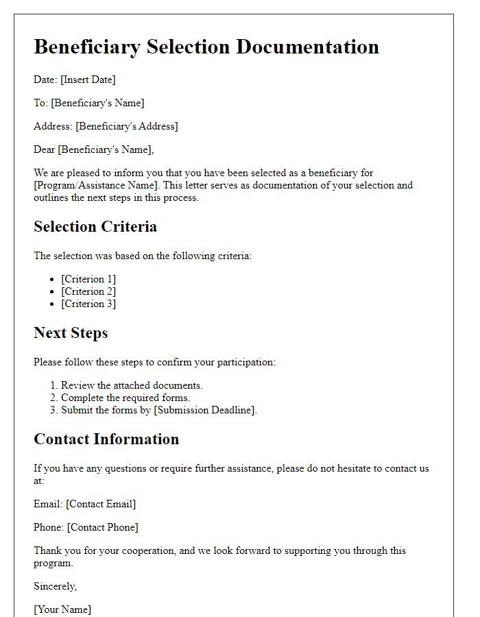 Letter template of documentation for beneficiary selection.