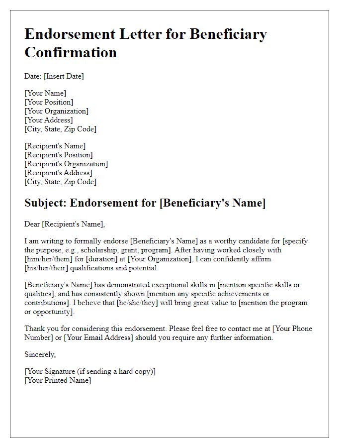 Letter template of endorsement for beneficiary confirmation.