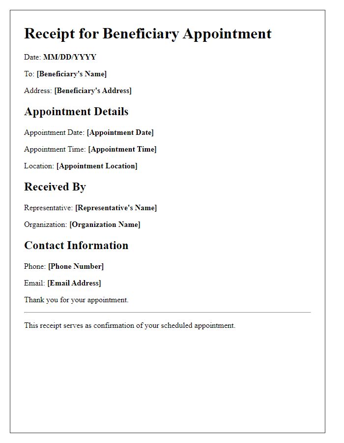 Letter template of receipt for beneficiary appointment.