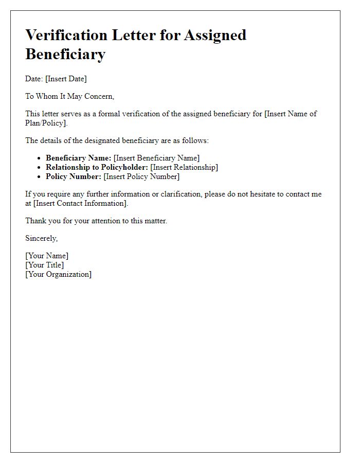 Letter template of verification for assigned beneficiary.