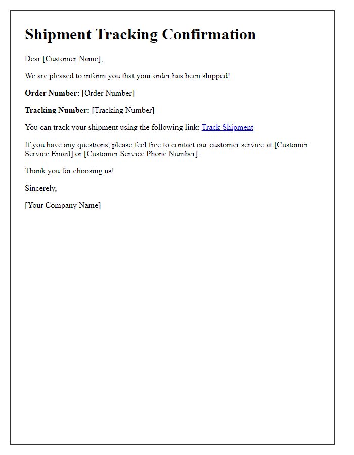 Letter template of shipment tracking confirmation for customer notification