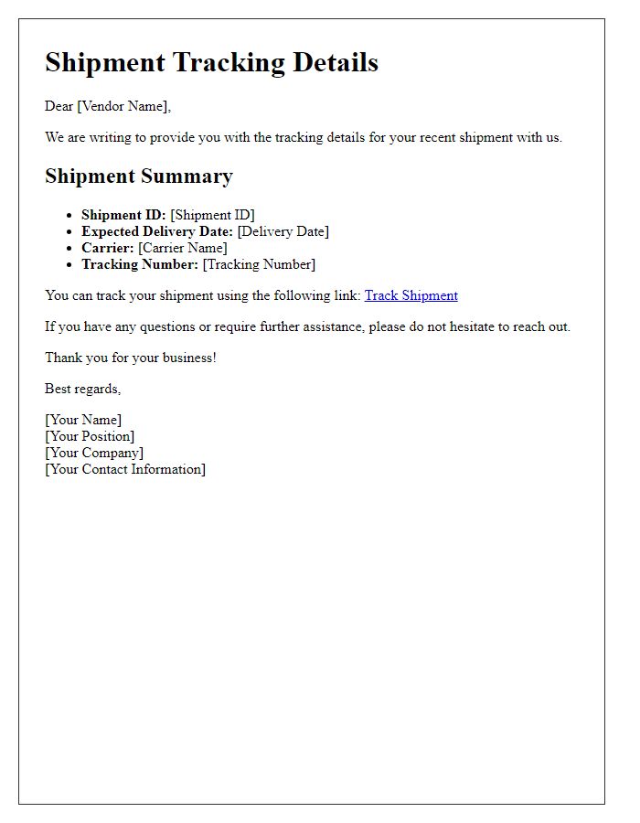 Letter template of shipment tracking details for vendor communication