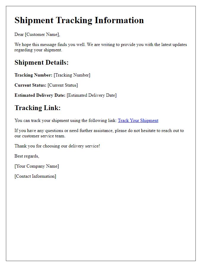 Letter template of shipment tracking information for delivery service updates