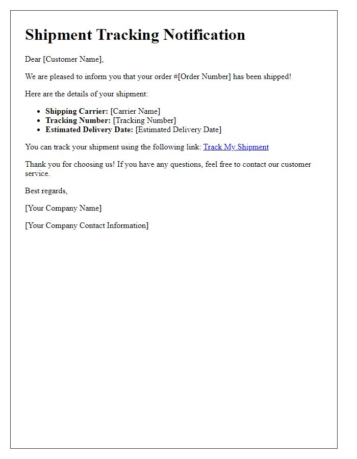 Letter template of shipment tracking notification for order fulfillment