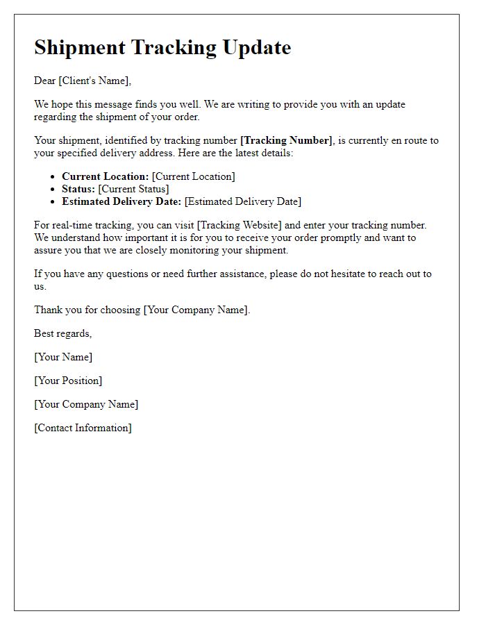 Letter template of shipment tracking update for client assurance