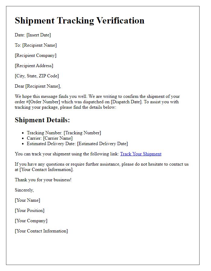 Letter template of shipment tracking verification for logistical purposes