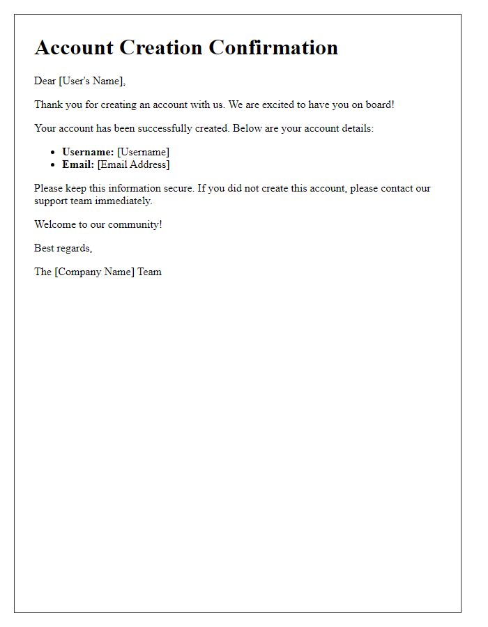 Letter template of account creation confirmation