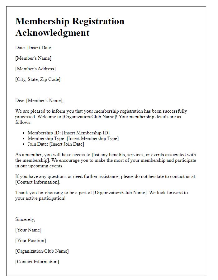 Letter template of membership registration acknowledgment