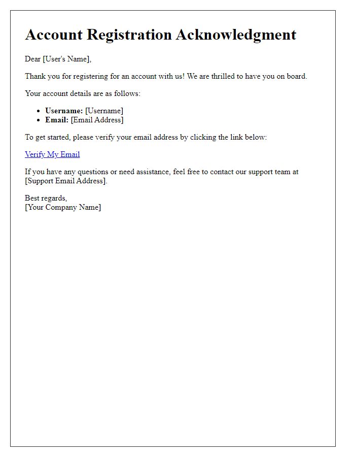 Letter template of new account registration acknowledgment