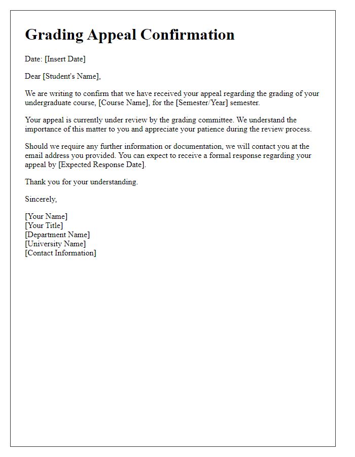 Letter template of grading appeal confirmation for undergraduate courses