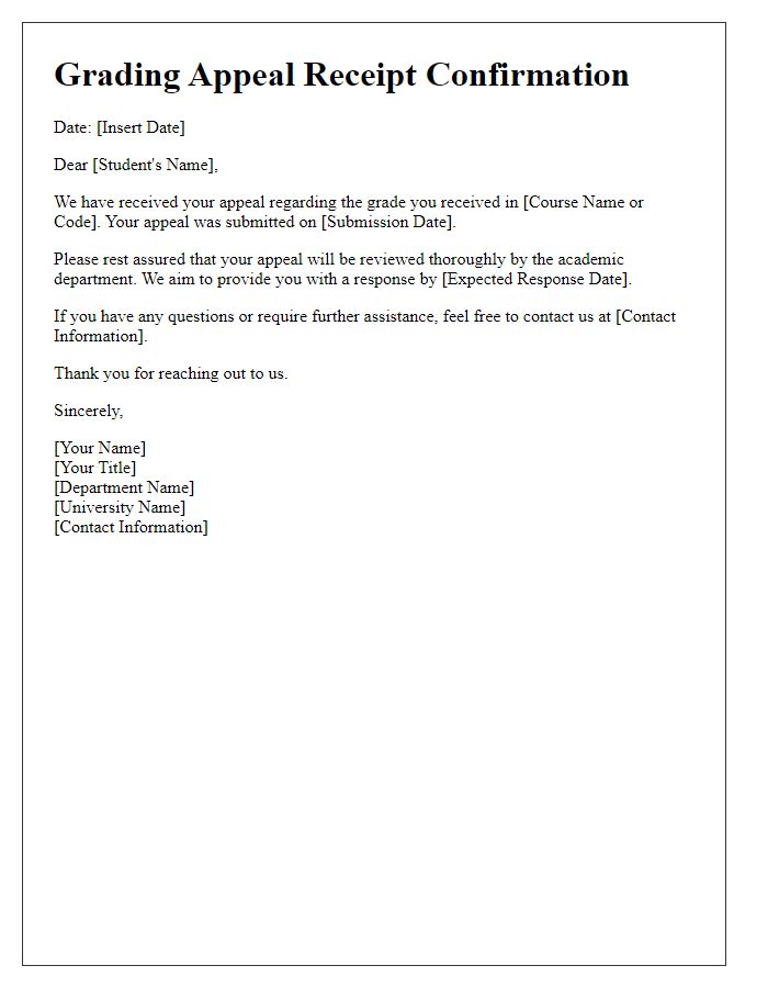 Letter template of grading appeal receipt confirmation for academic departments