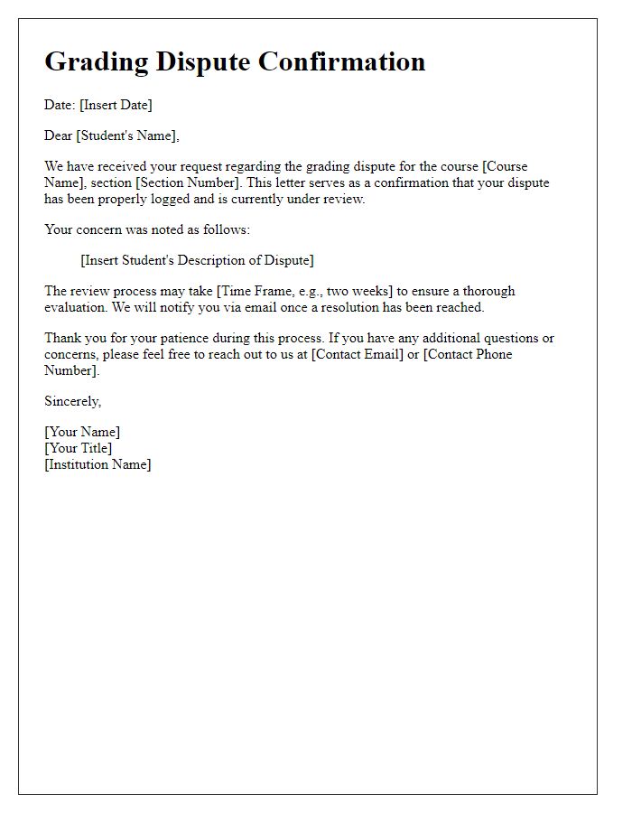 Letter template of grading dispute confirmation for online courses