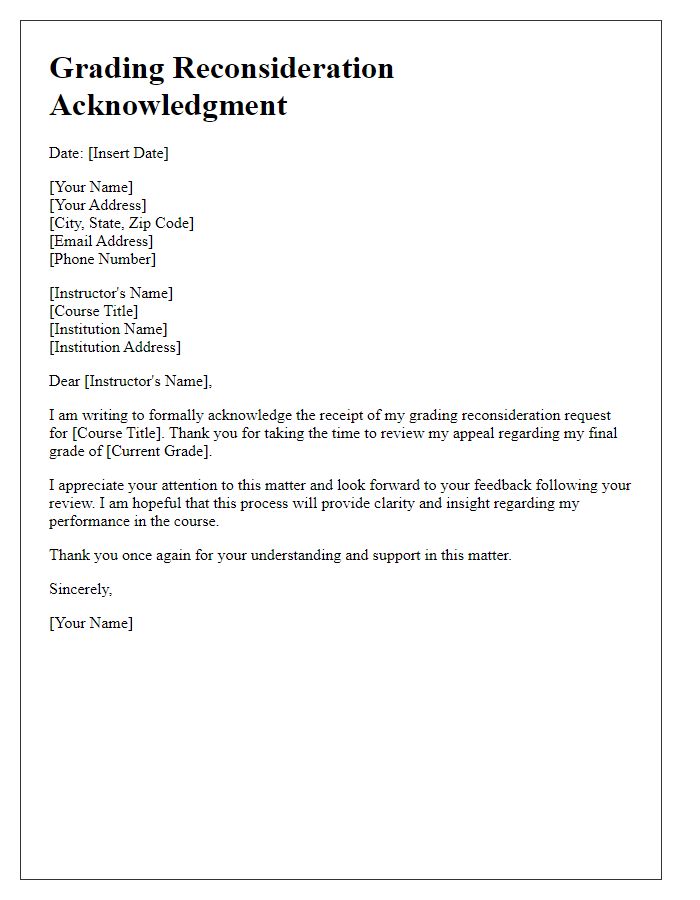 Letter template of grading reconsideration acknowledgment for adult education