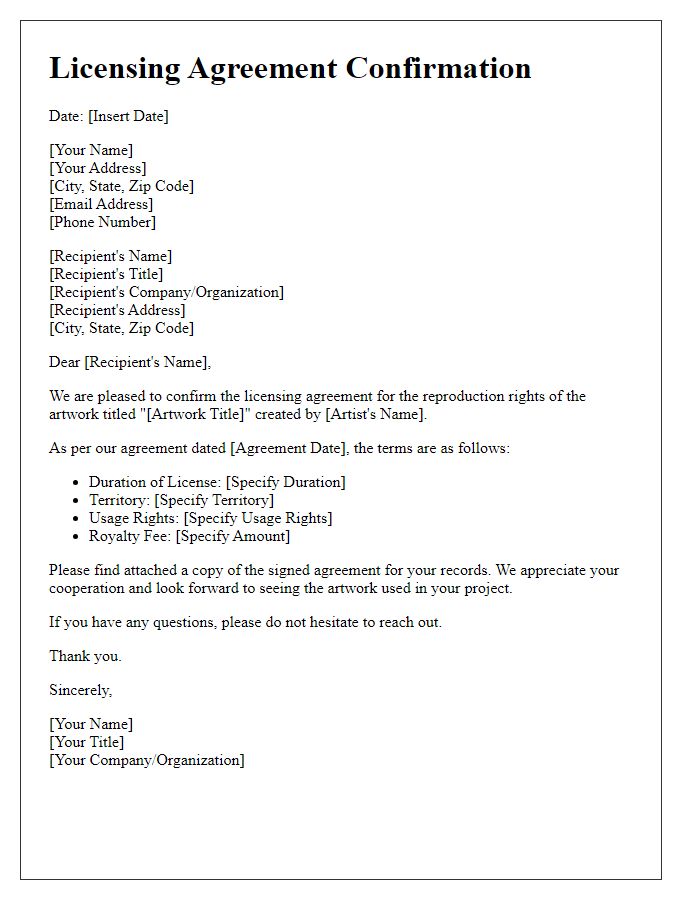 Letter template of licensing agreement confirmation for art reproduction rights