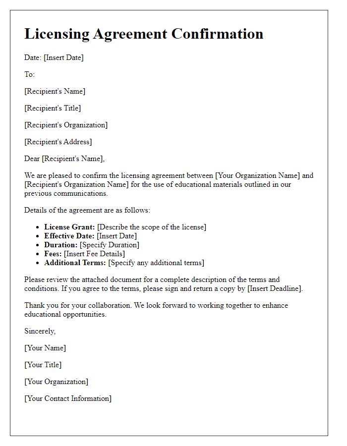 Letter template of licensing agreement confirmation for educational materials