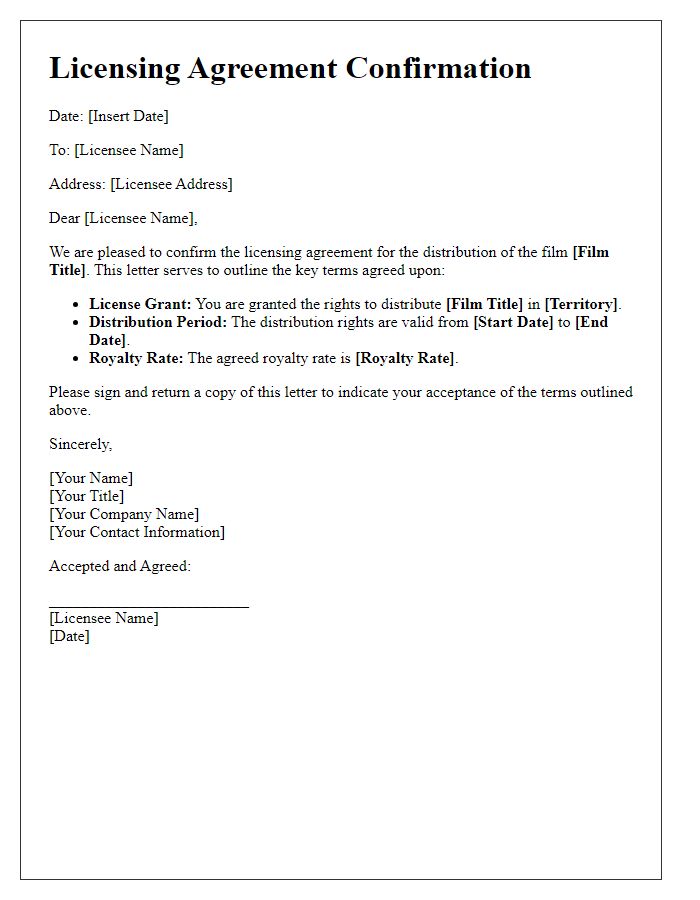 Letter template of licensing agreement confirmation for film distribution