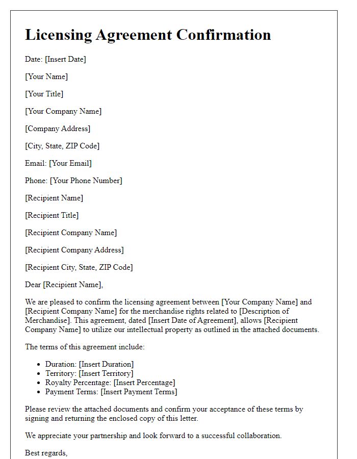 Letter template of licensing agreement confirmation for merchandise rights