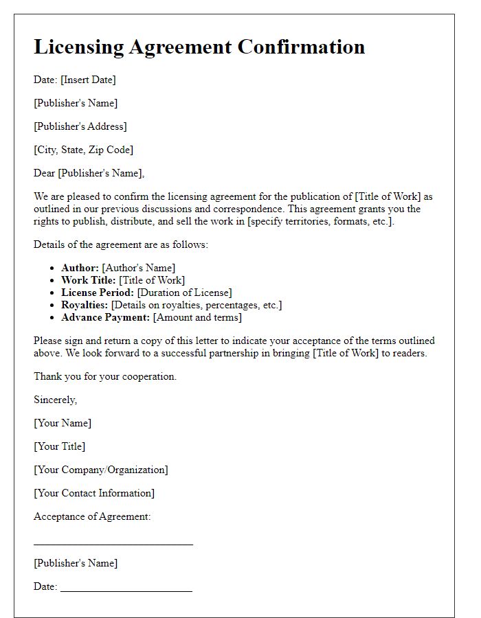 Letter template of licensing agreement confirmation for publishing contracts