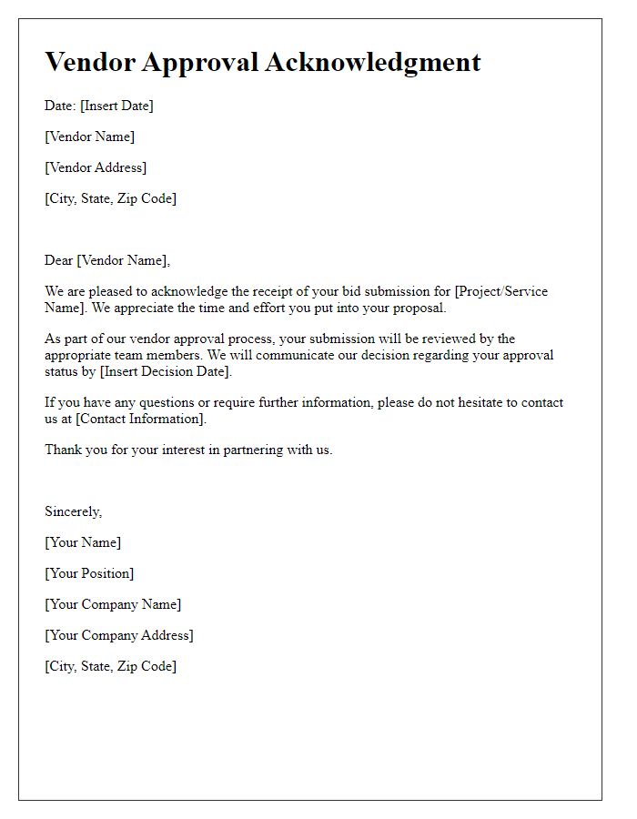 Letter template of Vendor Approval Acknowledgment for Bid Submission